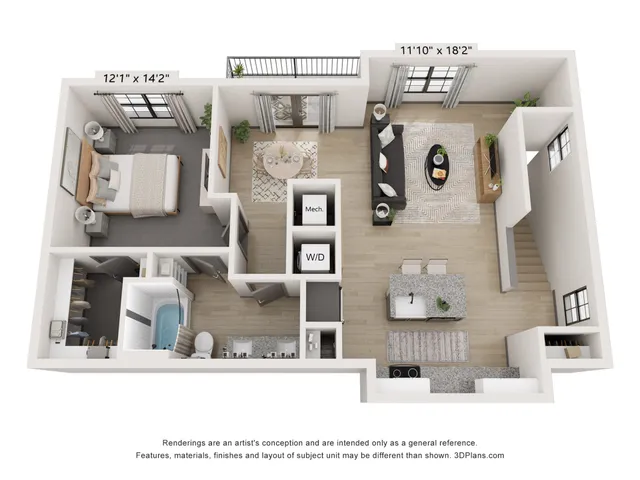 Chic 3D floor plan displaying a spacious 1-bedroom apartment with an open living and kitchen area, modern bathroom, and private balcony.