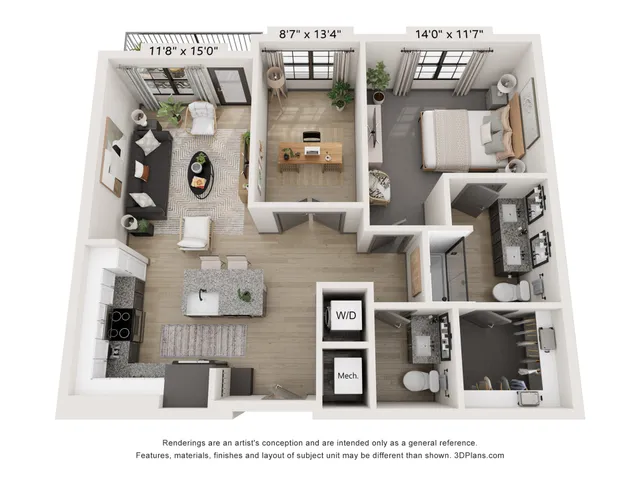 Chic 3D floor plan showcasing a modern 1-bedroom apartment with a home office, spacious living room, and kitchen.