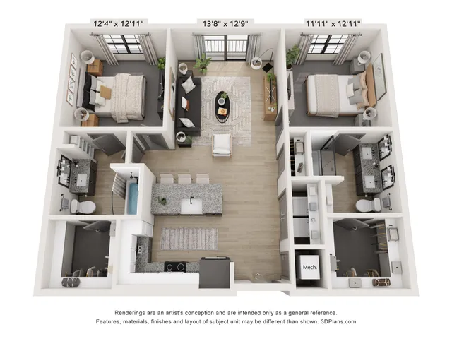 3D floor plan displaying 2 bedrooms, open living area, and modern kitchen.
