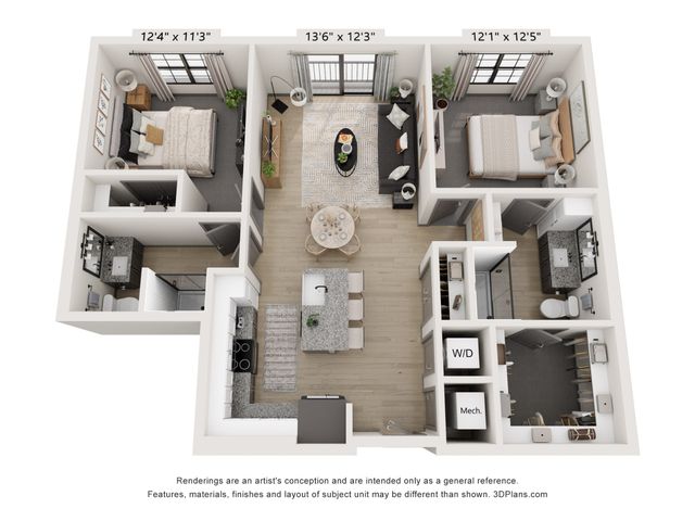 2D floor plan with 2 bedrooms, open living area, modern kitchen, and two bathrooms.