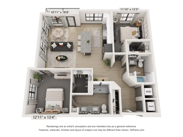 Chic 3D floor plan of a modern apartment featuring 2 bedrooms, an open kitchen, and a cozy living space.
