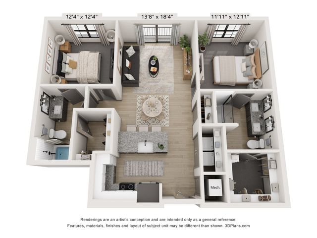 3D floor plan showcasing a modern apartment with two bedrooms, an open living and dining area, and a stylish kitchen.