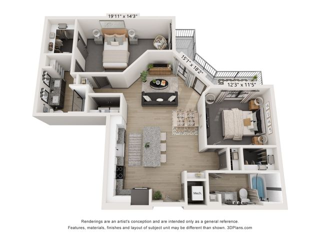 Contemporary apartment 3D floor plan showcasing two spacious bedrooms, a sleek kitchen, and an open living area with balcony access.