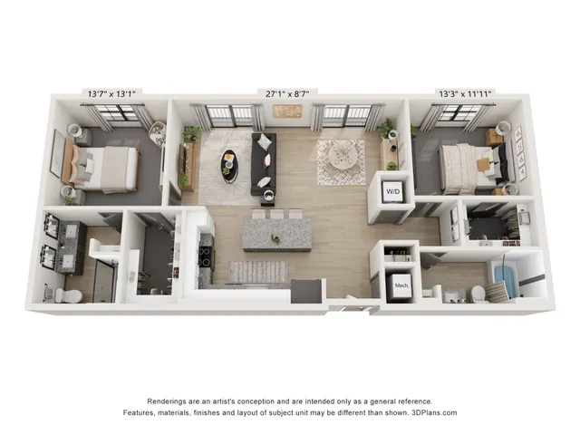 Contemporary 3D floor plan with 2 bedrooms, open-plan living and dining area, and modern kitchen.