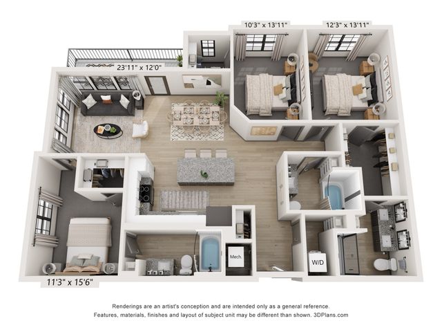 Stylish 3D floor plan with 3 bedrooms, open living-dining space, and modern kitchen layout.