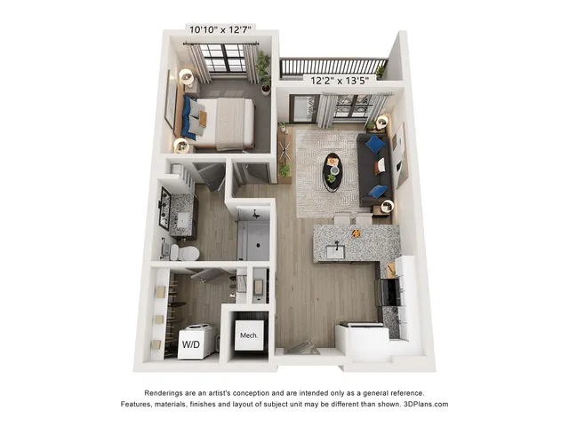 3D floor plan of a modern one-bedroom apartment with open-concept living area and efficient kitchen.