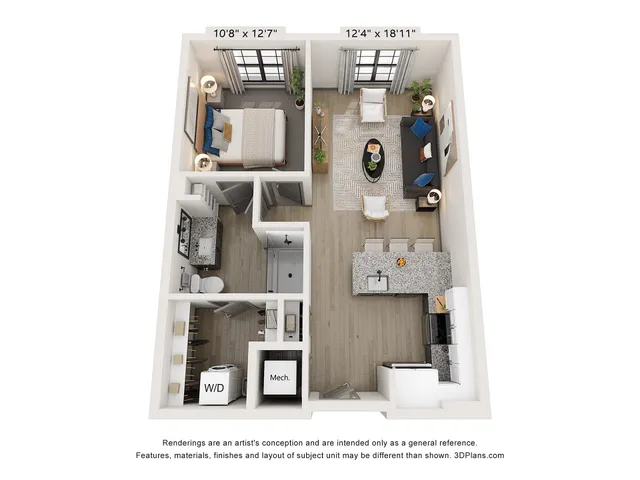 Bright 3D floor plan with a bedroom, open living and kitchen area, and modern bathroom.