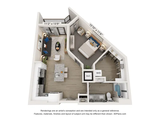 3D floor plan showcasing a one-bedroom apartment with an open living area and modern kitchen.