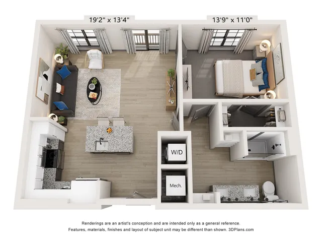 3D floor plan of a luxury one-bedroom apartment with open living area, modern kitchen, and spacious bedroom.