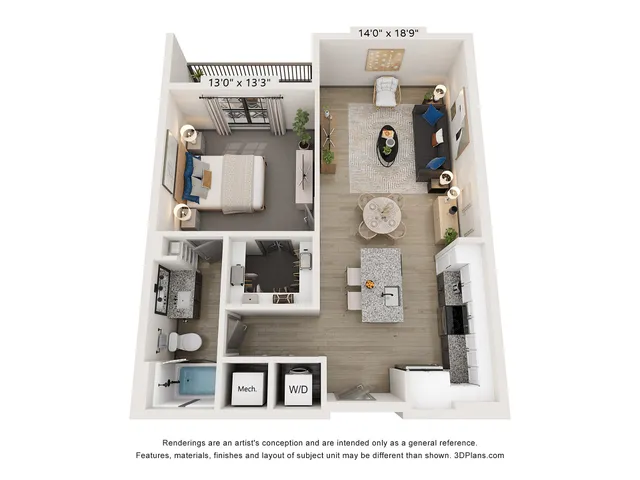 3D floor plan featuring a one-bedroom apartment with open-concept living and kitchen area.