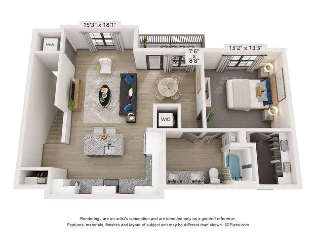 Elegant 3D floor plan showing one bedroom, modern kitchen, open living area, and spacious bathroom.