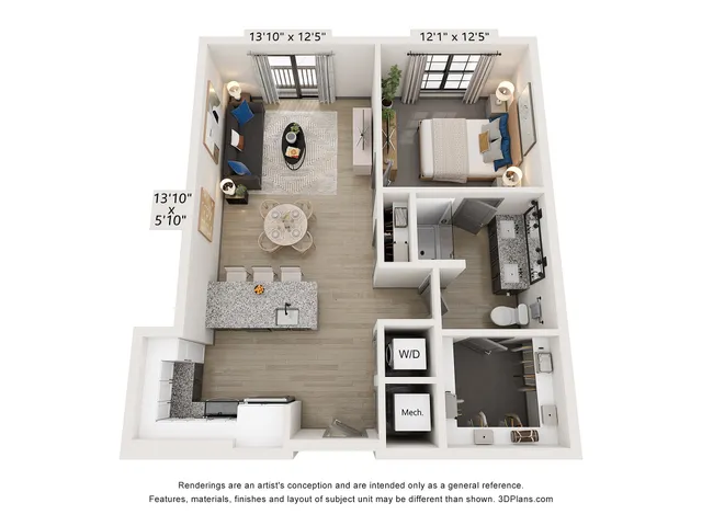 3D floor plan showcasing a one-bedroom apartment with an open kitchen, dining area, cozy living room, and modern bathroom.