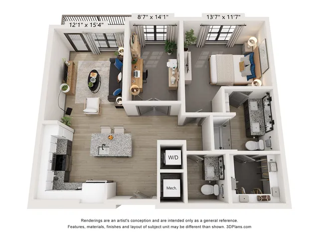 3D floor plan of a modern apartment with two bedrooms, spacious living area, kitchen, and double bathroom setup.