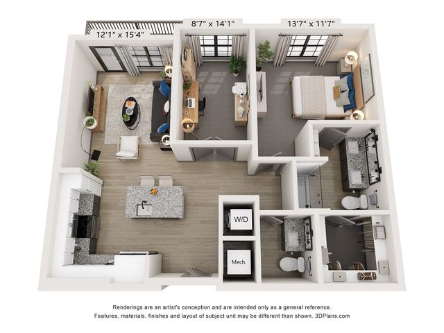3D floor plan showcasing a stylish 1-bedroom urban apartment with an open kitchen and modern living area.