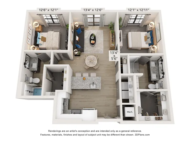 Elegant 3D floor plan with two bedrooms, open living room, modern kitchen, and dual bathrooms.