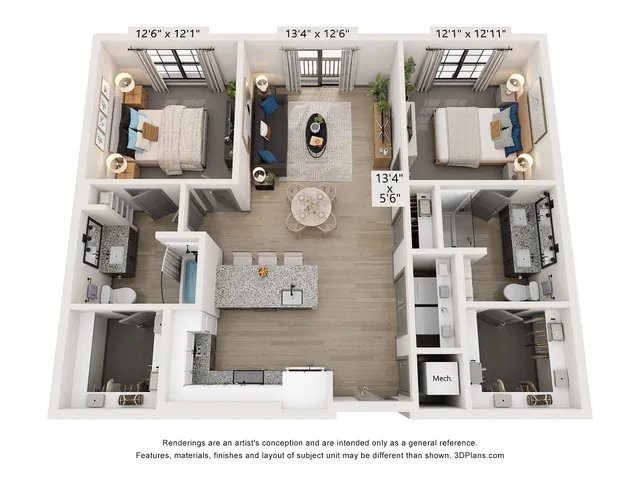 Chic 3D floor plan showcasing a two-bedroom apartment with an open living-dining area and modern kitchen.
