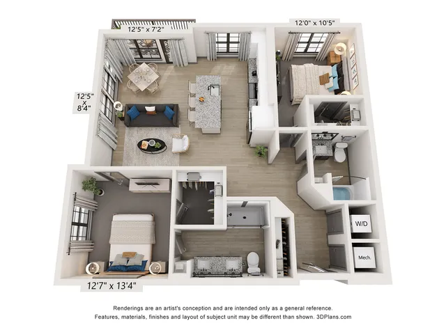 Chic 3D floor plan featuring a two-bedroom layout, open living space, and modern kitchen.