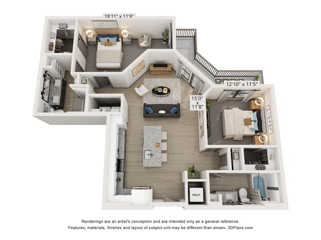 3D rendering of a modern 2-bedroom apartment layout featuring an open-concept kitchen and living area, spacious bedrooms, and two bathrooms.