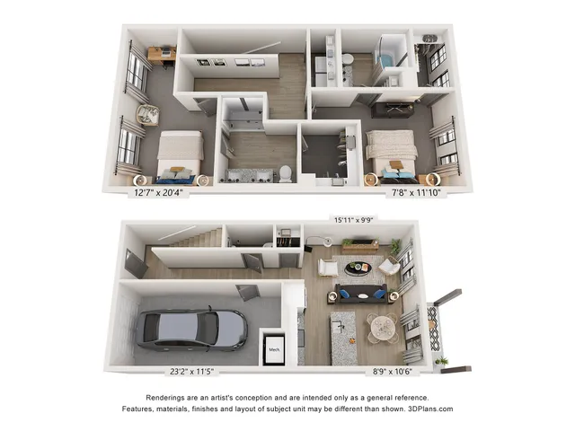 3D floor plan featuring two bedrooms, open living area, and a garage, perfect for modern family living.