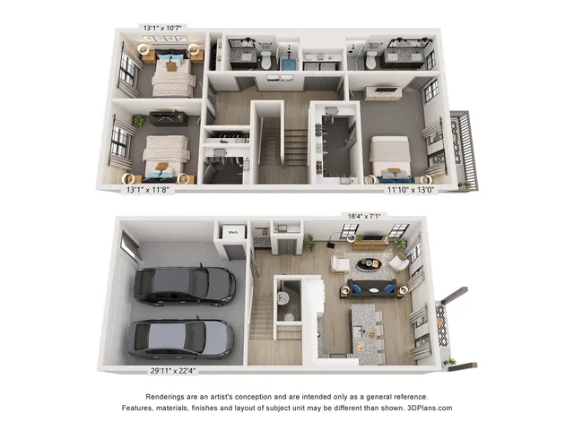3D floor plan featuring 3 bedrooms, open living area, kitchen, and 2-car garage.