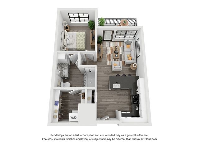 3D floor plan featuring a spacious bedroom, open living area, modern kitchen, and private balcony.