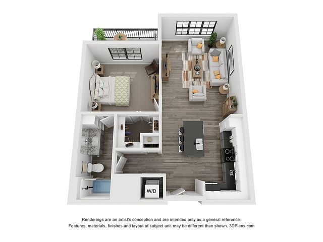 Elegant 1-bedroom floor plan with a stylish living area, modern kitchen, and balcony.