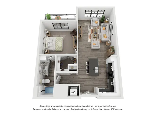 Modern 3D floor plan showcasing a one-bedroom apartment with an open-concept living and kitchen area.