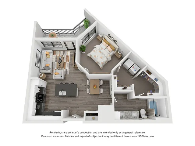 3D floor plan of a stylish one-bedroom apartment with open living area and modern kitchen.