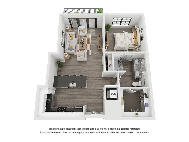 3D rendering of a modern 1-bedroom apartment with open living area and full kitchen.
