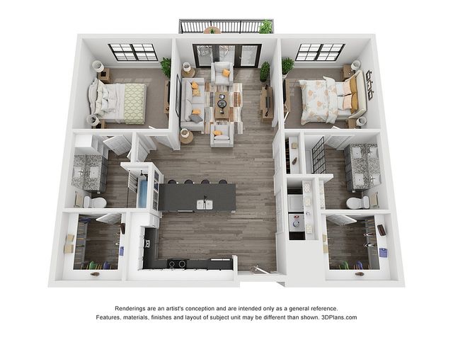 Modern 3D floor plan featuring 2 bedrooms, open kitchen, cozy living area, and balcony view.