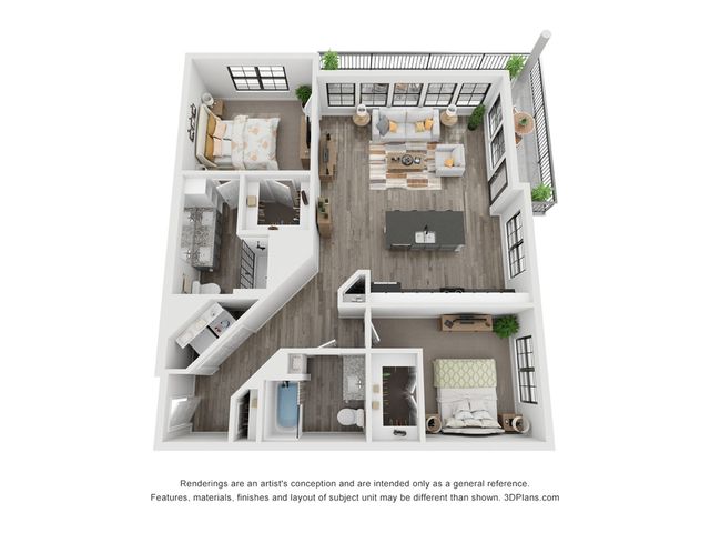 3D apartment floor plan featuring two spacious bedrooms, a modern open living area, and a sleek kitchen with island.