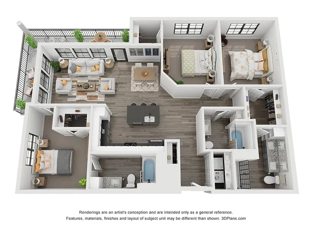 Chic 3D floor plan featuring 3 bedrooms, open-plan living room, dining area, and modern kitchen with balcony.