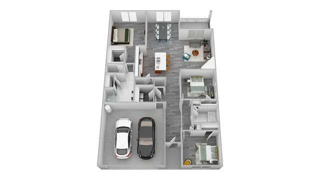 3D floor plan showcasing three bedrooms, open living area, modern kitchen, and two-car garage.