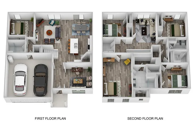 3D floor plan of a duplex showcasing a garage, open living area, and multiple bedrooms.