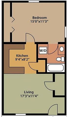 Efficient floor plan displaying one bedroom, a cozy living area, compact kitchen, and functional bathroom.
