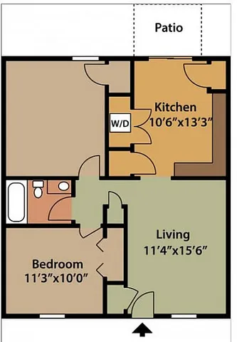 Inviting floor plan showcasing a spacious living room, a well-equipped kitchen, and one bedroom with an adjoining patio.