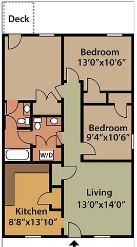 Floor plan featuring 2 bedrooms, a living room, kitchen, and deck.