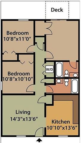 3D floor plan with two bedrooms, a spacious living room, and a modern kitchen, featuring a cozy deck.