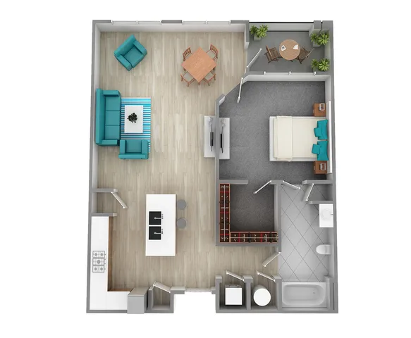 Inviting 3D floor plan featuring a bedroom, open living area, modern kitchen, and private balcony.