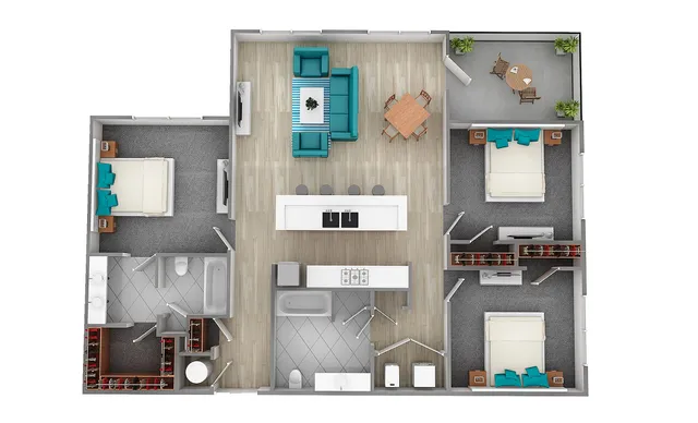 Modern 3D floor plan featuring three bedrooms, open living area, and elegant kitchen.