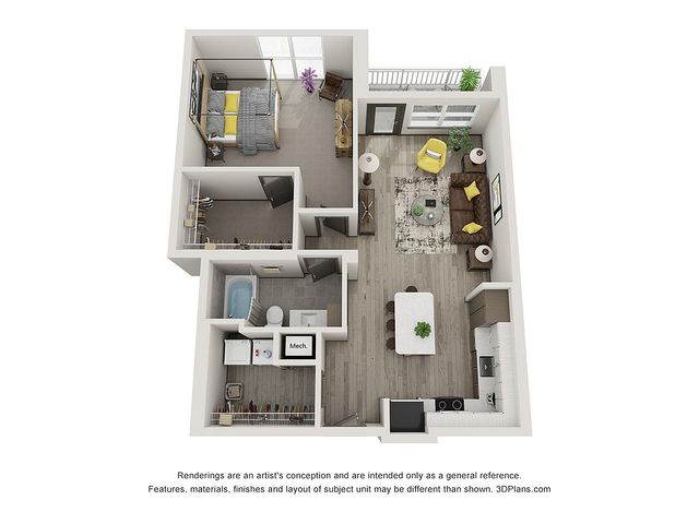 3D floor plan featuring 1 bedroom, cozy living area, and modern kitchen.
