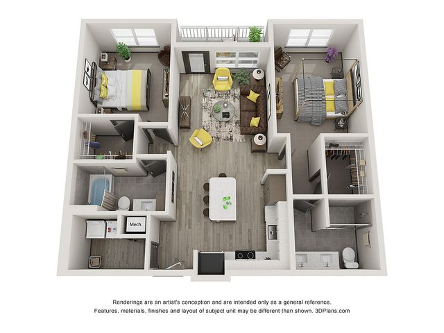 3D floor plan with 2 bedrooms, open-concept living area, and modern kitchen.