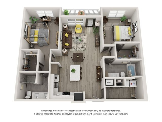 Modern 3D floor plan of an apartment featuring two cozy bedrooms, a stylish open living area, and a sleek kitchen.