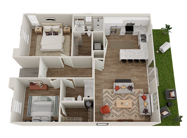 Spacious modern duplex floor plan featuring open-concept kitchen and living area, multiple bedrooms, and bathrooms.