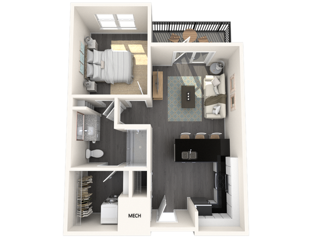 Compact floor plan highlighting one bedroom, a balcony, and an open living/dining area next to a modern kitchen.