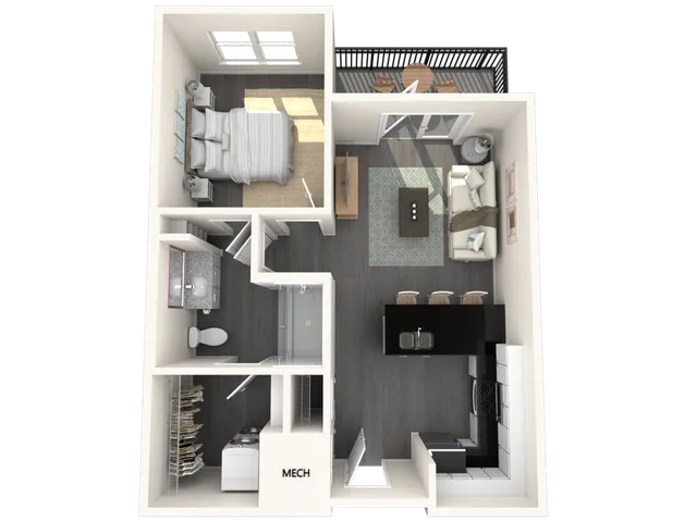 Elegant 1-bedroom apartment floor plan with a balcony, modern kitchen, and spacious living area.