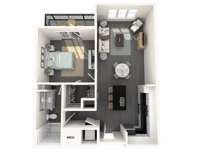 Contemporary floor plan with one bedroom, open living and dining area, kitchen, and private balcony.
