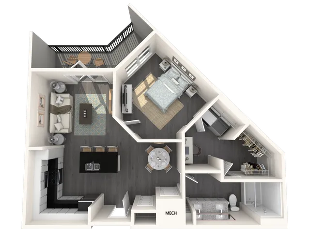 Chic floor plan featuring a spacious bedroom, living room, and an open kitchen with dining area.