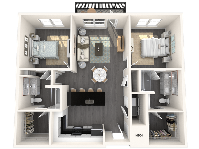 Contemporary floor plan with 2 bedrooms, a spacious living and dining area, and a modern kitchen.