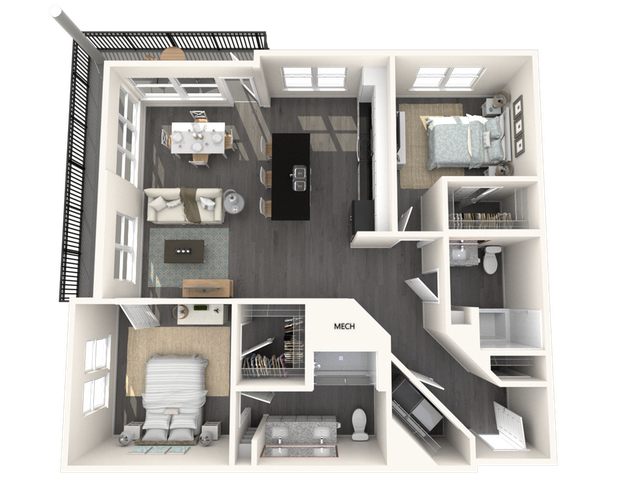 Contemporary floor plan highlighting 2 bedrooms, open living-dining area, modern kitchen, and balcony.